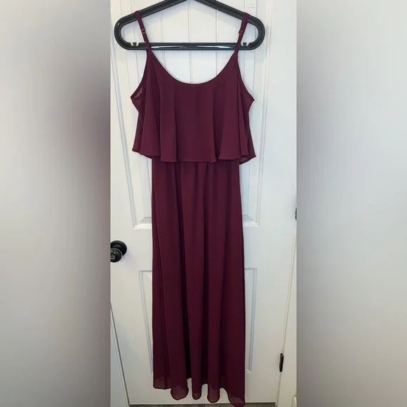 Show Me Your Mumu Caitlin Ruffle Maxi Dress in Merlot Chiffon | Size S - Picture 2 of 5